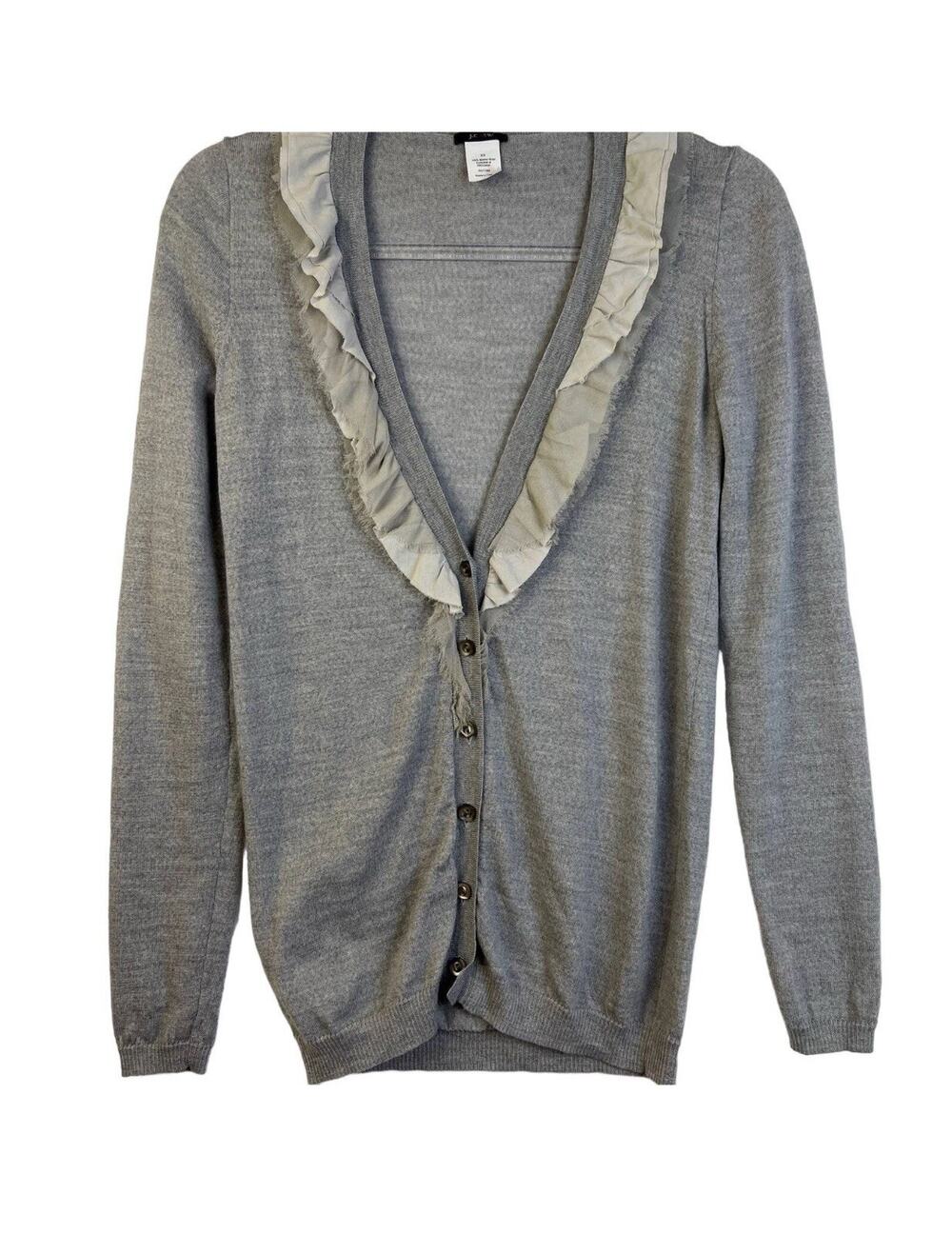 J Crew Cardigan Sweater Women XS Gray Merino Wool Ruffle Lightweight Preppy